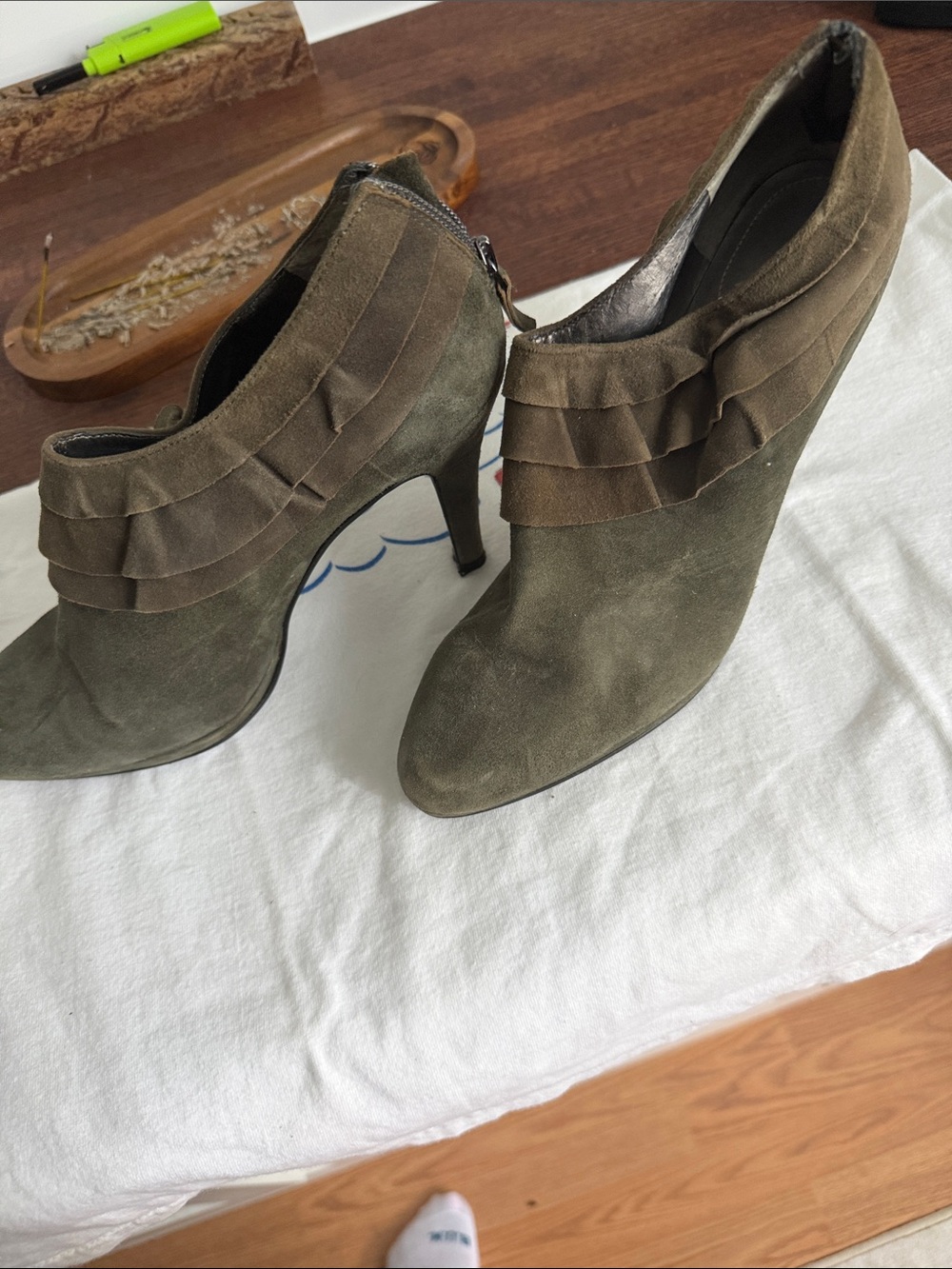 Tahari Olive Suede Ruffle Ankle Booties